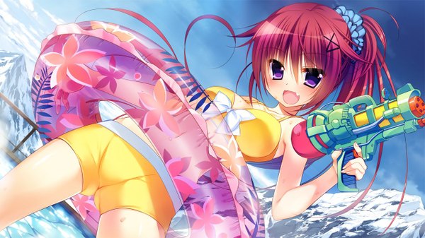 Anime picture 1280x720 with yukikoi melt reppuji kanon nanaka mai single long hair blush fringe breasts open mouth light erotic smile wide image purple eyes game cg ponytail red hair teeth from below fang (fangs) mountain