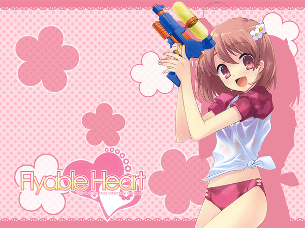 Anime picture 1280x960 with flyable heart inaba yui itou noiji single looking at viewer short hair open mouth light erotic red eyes brown hair ahoge wallpaper copyright name pink background polka dot polka dot background girl swimsuit bikini red bikini
