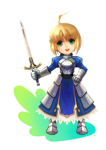 Anime picture 1240x1754 with fate (series) fate/stay night studio deen type-moon artoria pendragon (all) saber huazha01 single tall image looking at viewer short hair open mouth simple background blonde hair white background green eyes ahoge hand on hip chibi girl