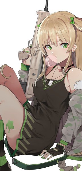 Anime picture 550x1144 with girls frontline rfb (girls frontline) pinch (nesume) single long hair tall image looking at viewer fringe breasts simple background hair between eyes brown hair white background sitting bare shoulders holding green eyes payot bent knee (knees) nail polish