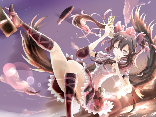Anime picture 2000x1500 with touhou himekaidou hatate kuroneko-w-b single long hair highres black hair twintails sky cloud (clouds) one eye closed wink evening sunset flying girl skirt bow hair bow miniskirt