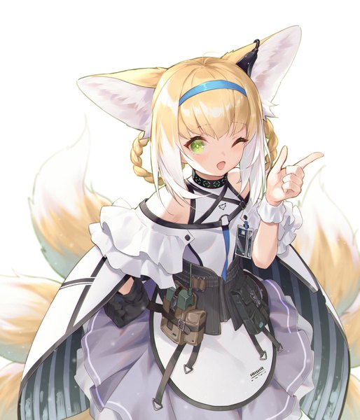 Anime picture 2728x3183 with arknights suzuran (arknights) jiusan naitan single tall image highres short hair open mouth simple background blonde hair white background bare shoulders green eyes animal ears tail braid (braids) animal tail one eye closed multicolored hair from above