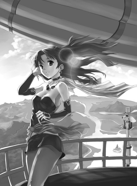 Anime picture 876x1192 with final fantasy final fantasy vi square enix tina branford mofu single long hair tall image looking at viewer breasts bare shoulders sky cloud (clouds) wind sunlight sleeveless lens flare monochrome horizon landscape