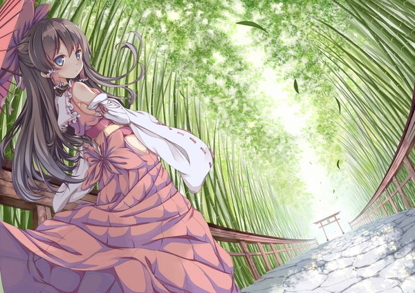 Anime picture 1968x1391 with touhou hakurei reimu yukishiro arute single long hair highres blue eyes black hair looking back wind from behind sunlight expressionless shiny nature alternate eye color bamboo forest perspective girl skirt