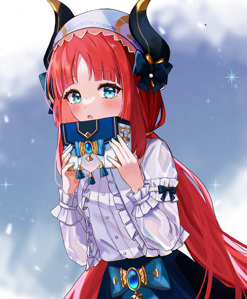 Anime picture 4000x4851 with genshin impact nilou (genshin impact) nilou (samsung) (genshin impact) yu you single long hair tall image looking at viewer blush fringe highres standing twintails holding absurdres red hair blunt bangs long sleeves nail polish horn (horns)