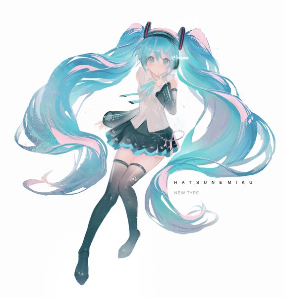 Anime picture 1537x1610 with vocaloid hatsune miku hatsune miku (nt) wnmuwnmu single tall image looking at viewer simple background white background twintails signed full body very long hair aqua eyes aqua hair character names twitter username girl thighhighs skirt