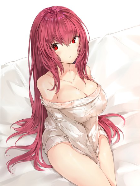 Anime picture 1200x1600 with fate (series) fate/grand order scathach (fate) (all) scathach (fate) silver (chenwen) single long hair tall image looking at viewer blush fringe breasts light erotic simple background hair between eyes red eyes white background sitting bare shoulders red hair