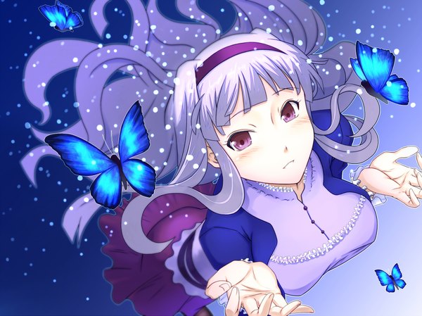 Anime picture 2000x1499 with idolmaster shijou takane emanon123 single long hair highres white hair pink eyes outstretched arm girl dress hairband insect butterfly