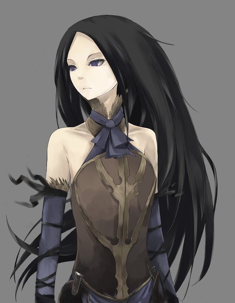 Anime picture 1849x2381 with castlevania konami shanoa elf (artist) long hair tall image highres blue eyes black hair bare shoulders looking away very long hair profile grey background girl dress gloves elbow gloves