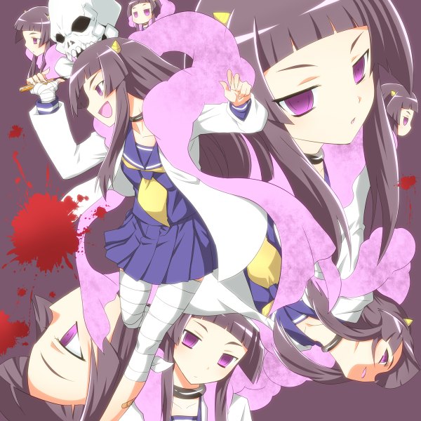 Anime picture 1200x1200 with kami nomi zo shiru sekai lune (kaminomi) yuto (dialique) long hair open mouth black hair purple eyes multiple persona girl serafuku bandage (bandages) skull