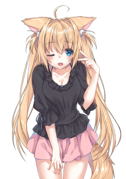 Anime picture 1032x1457 with original muku (apupop) single long hair tall image looking at viewer blue eyes simple background blonde hair standing white background twintails animal ears upper body ahoge tail animal tail fox ears fox tail fox girl