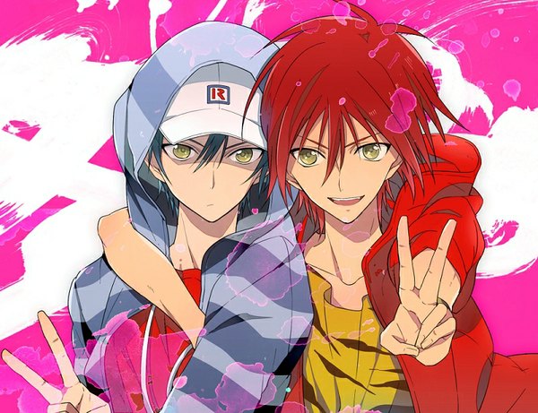Anime picture 800x615 with prince of tennis echizen ryoma tooyama kintarou nic (kevin) looking at viewer fringe short hair open mouth black hair smile hair between eyes yellow eyes red hair multiple boys hug victory pink background boy hood 2 boys