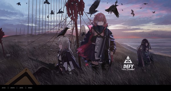 Anime picture 2560x1363 with girls frontline ak-12 (girls frontline) an-94 (girls frontline) m4a1 (girls frontline) st ar-15 (girls frontline) lin+ long hair looking at viewer fringe highres black hair blonde hair hair between eyes wide image standing sitting purple eyes multiple girls signed looking away