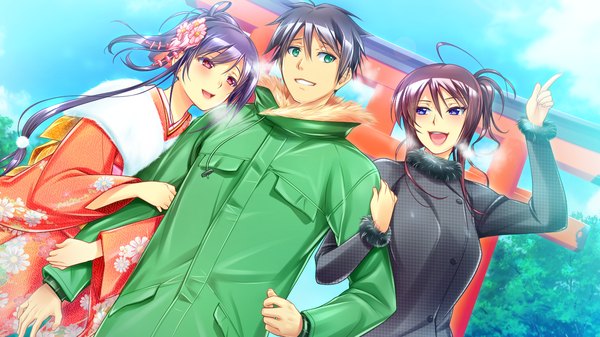 Anime picture 1280x720 with yomi ecchi! long hair blush short hair open mouth blue eyes black hair smile brown hair wide image multiple girls green eyes game cg purple hair traditional clothes japanese clothes pink eyes girl boy 2 girls