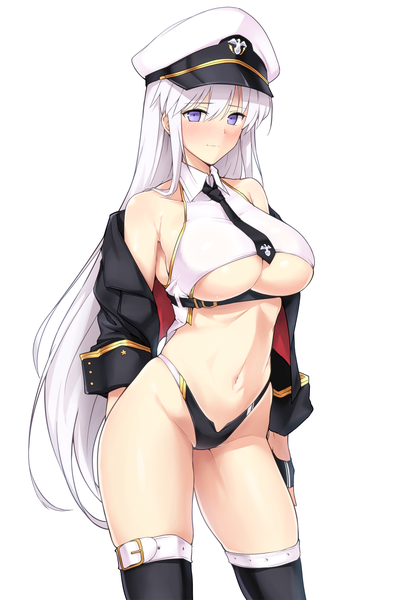 Anime picture 1254x1859 with azur lane enterprise (azur lane) halcon single long hair tall image looking at viewer blush fringe breasts light erotic simple background hair between eyes large breasts standing white background purple eyes bare shoulders white hair off shoulder