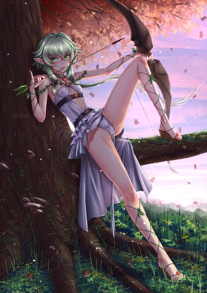 Anime picture 1240x1754 with goblin slayer! high elf archer (goblin slayer!) adsouto single long hair tall image looking at viewer blush fringe light erotic hair between eyes holding green eyes signed payot cleavage full body bent knee (knees) green hair pointy ears