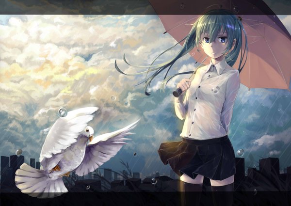 Anime picture 3100x2200 with vocaloid hatsune miku mrblackcat single long hair looking at viewer highres blue eyes twintails absurdres aqua hair girl thighhighs skirt black thighhighs animal shirt bird (birds) umbrella bubble (bubbles)