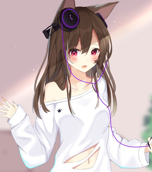 Anime picture 1331x1500 with original mizuki ryuu single long hair tall image looking at viewer blush fringe breasts open mouth hair between eyes red eyes brown hair holding animal ears payot upper body fingernails blurry off shoulder