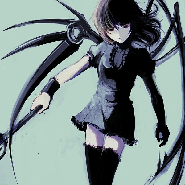 Anime picture 1000x1000 with touhou houjuu nue mark (abenyugu) single looking at viewer short hair black hair simple background black eyes shadow zettai ryouiki girl thighhighs dress black thighhighs wings staff armband trident