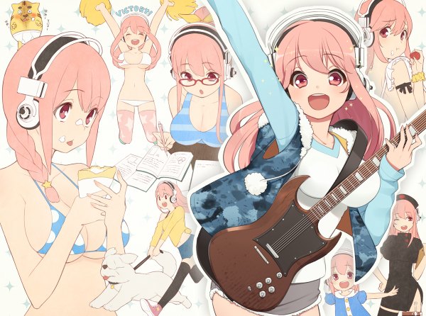 Anime picture 1200x892 with nitroplus super sonico ssberit blush light erotic pink hair eyes closed one eye closed pink eyes wink happy spread arms nurse multiple persona girl thighhighs dress skirt swimsuit animal