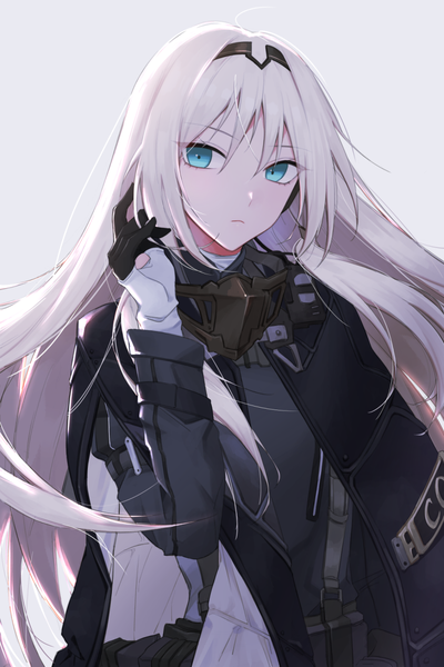 Anime picture 805x1208 with girls frontline an-94 (girls frontline) qb 516 single long hair tall image looking at viewer fringe blue eyes simple background hair between eyes standing payot silver hair grey background girl gloves black gloves headband