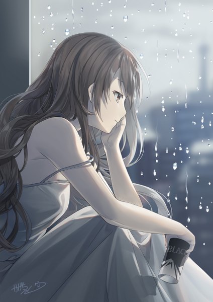 Anime picture 1768x2500 with original kagachi saku single long hair tall image fringe highres breasts brown hair sitting holding brown eyes signed looking away indoors profile sleeveless rain strap slip hand on face