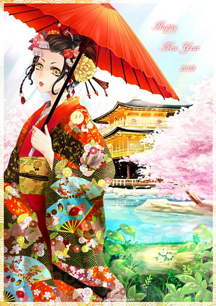 Anime picture 818x1157 with original ten-chan (eternal-s) single tall image short hair black hair yellow eyes traditional clothes japanese clothes hair flower lips sunlight inscription lipstick cherry blossoms framed new year river happy new year girl