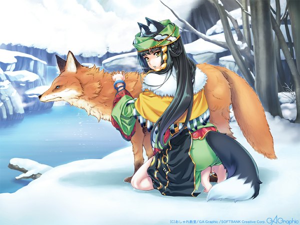 Anime picture 1024x768 with gagraphic oshare kyoushitsu single long hair looking at viewer black hair animal ears yellow eyes outdoors tail barefoot wallpaper fox ears kneeling winter snow bare tree girl plant (plants) tree (trees)
