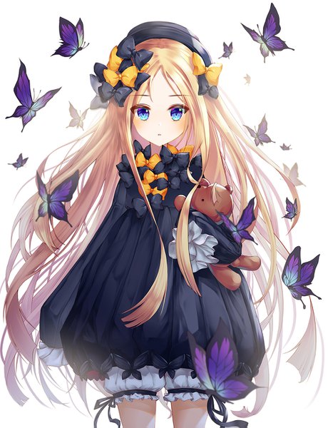 Anime picture 1000x1303 with fate (series) fate/grand order abigail williams (fate) paya (aejx2345) single long hair tall image looking at viewer blush blue eyes simple background blonde hair standing white background long sleeves girl dress bow hair bow hat