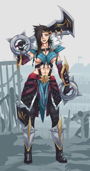 Anime picture 1316x2500 with league of legends draven (league of legends) exaxuxer single long hair tall image looking at viewer fringe breasts blue eyes light erotic black hair standing lipstick piercing scar girl weapon earrings tiara