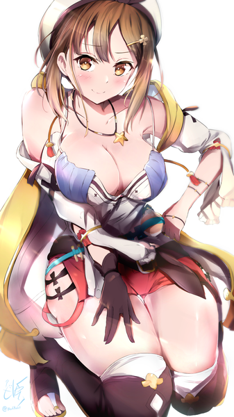 Anime picture 1200x2133 with atelier (series) atelier ryza gust (company) reisalin stout neofreet single tall image looking at viewer blush fringe short hair breasts light erotic simple background smile hair between eyes brown hair large breasts white background bare shoulders