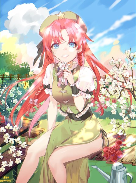 Anime picture 3070x4133 with touhou hong meiling kanta (pixiv9296614) single long hair tall image looking at viewer highres blue eyes smile sitting holding absurdres sky cloud (clouds) outdoors red hair braid (braids) grin side slit