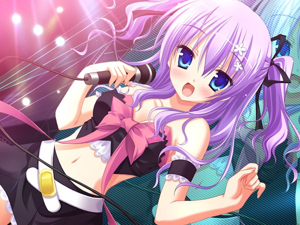 Anime picture 1200x900 with blush open mouth blue eyes twintails game cg purple hair hair flower night girl hair ornament ribbon (ribbons) microphone