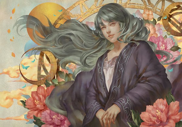 Anime picture 1181x827 with rororei single long hair cloud (clouds) aqua hair grey eyes crescent girl flower (flowers) petals sun