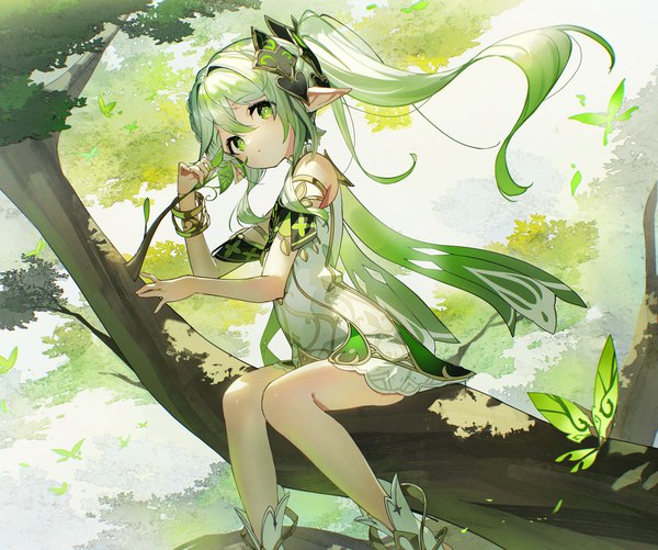 Anime picture 1200x1002 with genshin impact nahida (genshin impact) crystalfly (genshin impact) scottie (phantom2) single long hair looking at viewer fringe hair between eyes sitting green eyes green hair pointy ears side ponytail tree sitting girl plant (plants) tree (trees) bracelet forest