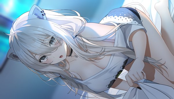 Anime picture 1500x853 with virtual youtuber hololive shishiro botan shishiro botan (4th costume) kurot long hair blush fringe breasts open mouth light erotic hair between eyes wide image large breasts twintails holding animal ears cleavage silver hair ahoge