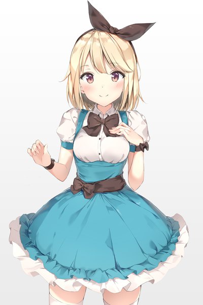 Anime picture 800x1200 with alice in wonderland original alice (alice in wonderland) kuran (yourcatissick) single tall image looking at viewer blush fringe short hair simple background blonde hair smile brown eyes grey background zettai ryouiki hand on chest girl thighhighs dress