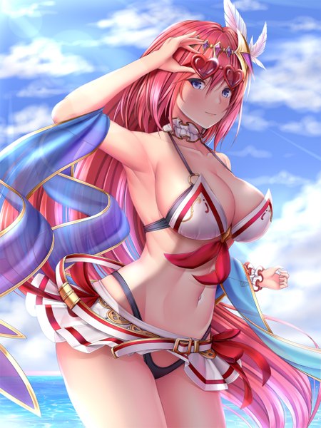Anime picture 960x1280 with granblue fantasy godguard brodia melopun single tall image looking at viewer blush fringe breasts blue eyes light erotic hair between eyes large breasts standing bare shoulders sky cleavage cloud (clouds) outdoors red hair