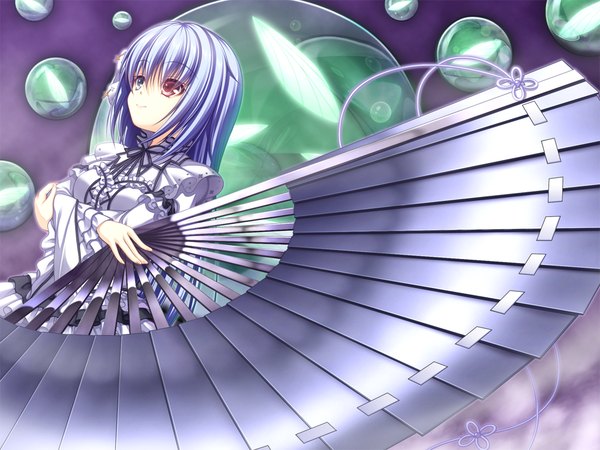 Anime picture 1024x768 with yurikago yori tenshi made kangasa ume haruka natsuki long hair blue hair game cg heterochromia girl dress fan