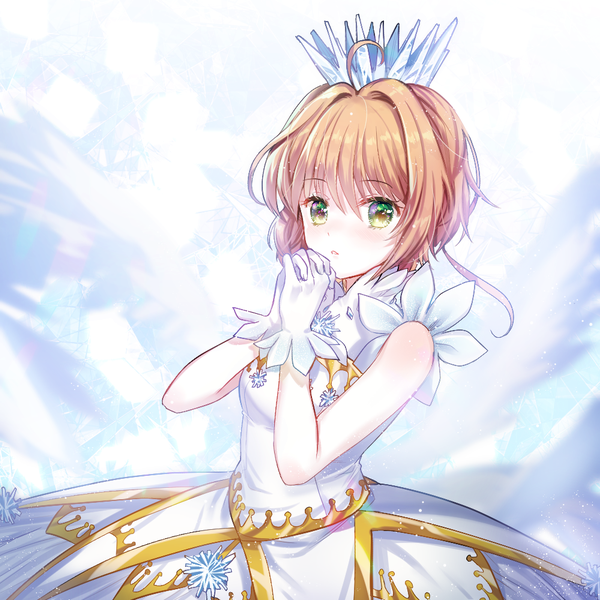 Anime picture 1000x1000 with card captor sakura clamp kinomoto sakura dabi (dabibubi) single looking at viewer blush fringe short hair simple background hair between eyes brown hair standing bare shoulders green eyes ahoge parted lips hands clasped multicolored eyes interlocked fingers