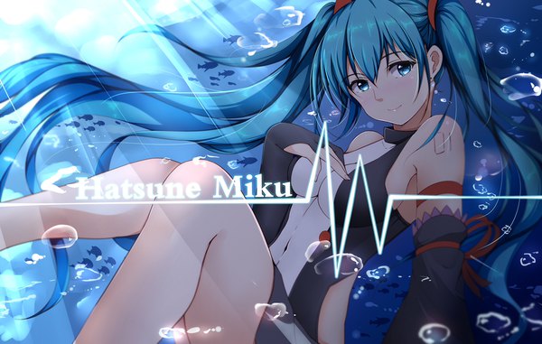 Anime picture 1754x1116 with vocaloid hatsune miku qingye ling single looking at viewer fringe highres breasts light erotic smile hair between eyes twintails bare shoulders very long hair aqua eyes sunlight aqua hair character names floating hair hand on chest