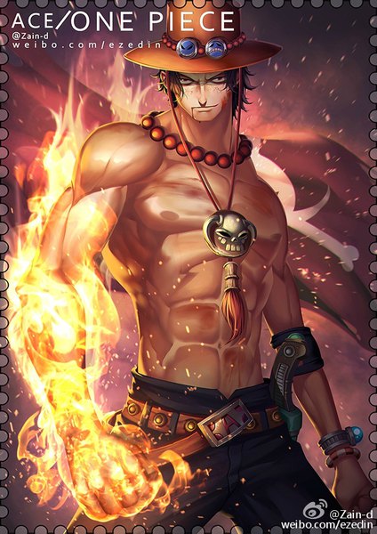 Anime picture 650x919 with one piece toei animation portgas d. ace zhang ding single tall image looking at viewer short hair black hair standing signed black eyes copyright name character names topless muscle blood on face freckles abs boy