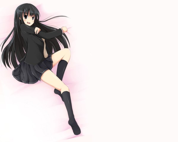 Anime picture 1920x1536 with amagami ayatsuji tsukasa single long hair looking at viewer blush highres open mouth black hair simple background white background lying pleated skirt black eyes no shoes girl uniform school uniform socks black socks