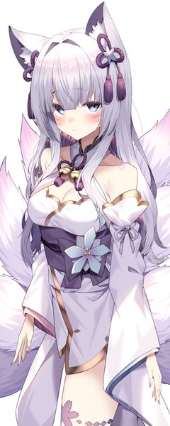 Anime picture 1800x4500 with virtual youtuber indie virtual youtuber satsuki lilica jun (aousa0328) single long hair tall image looking at viewer blush fringe highres breasts blue eyes simple background standing white background bare shoulders animal ears cleavage silver hair