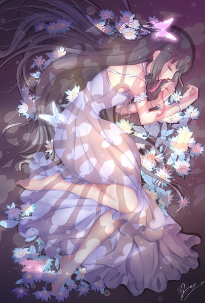 Anime picture 1181x1748 with mahou shoujo madoka magica shaft (studio) akemi homura yan yan zi single long hair tall image fringe black hair bare shoulders signed full body bent knee (knees) lying eyes closed profile from above bare legs sparkle shadow