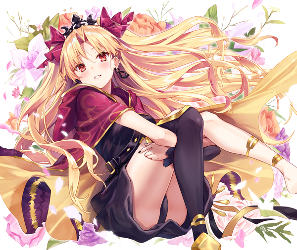 Anime picture 1200x1012 with fate (series) fate/grand order ereshkigal (fate) yuya (night lily) single long hair looking at viewer blush fringe light erotic blonde hair simple background hair between eyes red eyes white background parted lips light smile two side up floating hair floral background