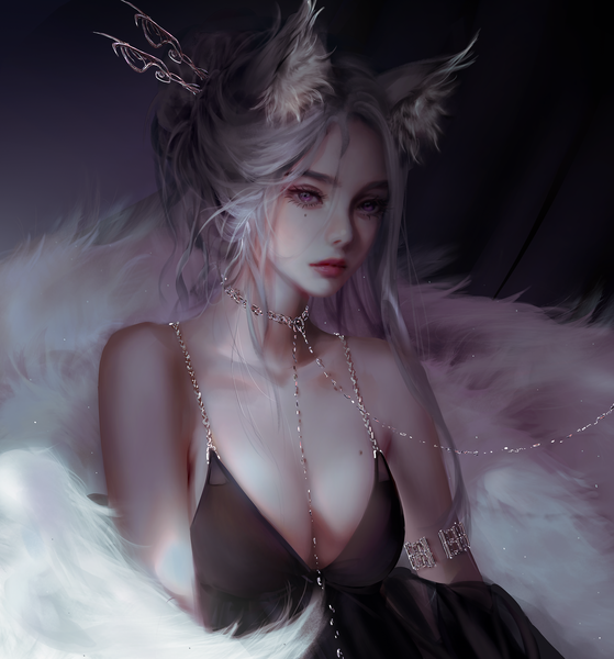 Anime picture 4988x5356 with original nixeu single long hair tall image looking at viewer fringe highres breasts light erotic large breasts purple eyes animal ears absurdres cleavage upper body tail animal tail lips realistic