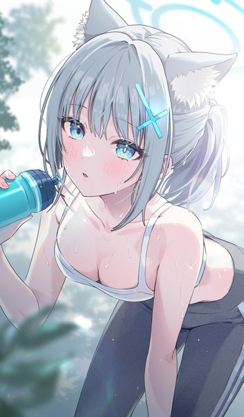 Anime-Bild 1940x3309 mit blue archive shiroko (blue archive) momomoi momoi single long hair tall image looking at viewer blush fringe highres breasts open mouth blue eyes light erotic bare shoulders holding animal ears payot cleavage outdoors