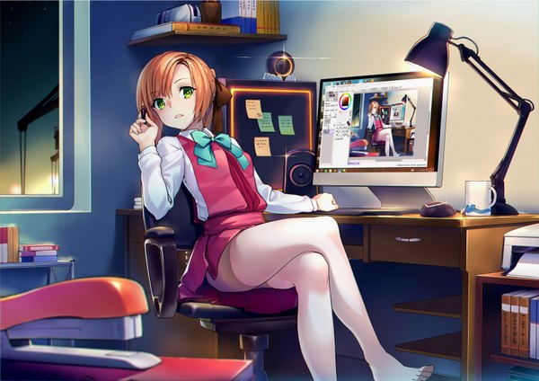 Anime picture 1668x1180 with kantai collection akigumo destroyer jinyuan712 single looking at viewer short hair sitting green eyes orange hair crossed legs girl thighhighs bow hair bow white thighhighs table monitor