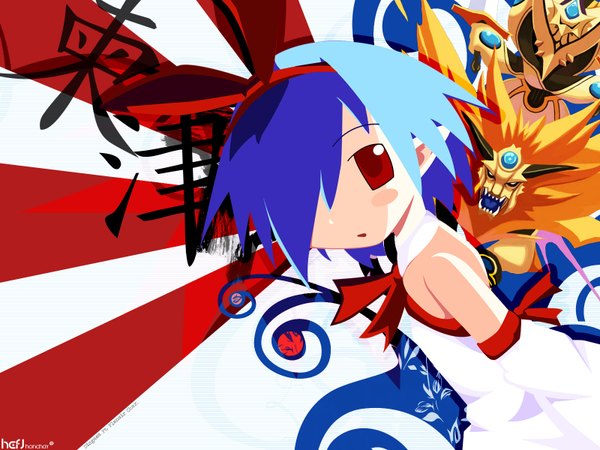 Anime picture 1600x1200 with disgaea pleinair honchay m3r0l single looking at viewer blush fringe short hair open mouth red eyes signed purple hair hair over one eye character names hieroglyph third-party edit girl headband